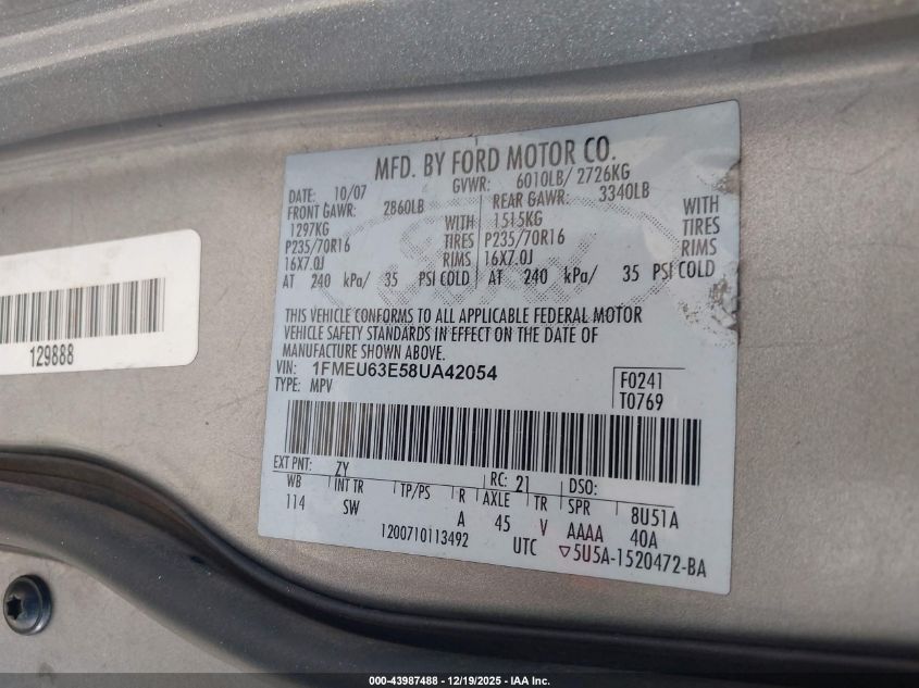 2008 Ford Explorer Xlt VIN: 1FMEU63E58UA42054 Lot: 43987488