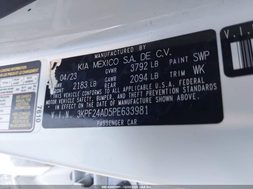 2023 Kia Forte Lxs VIN: 3KPF24AD5PE633981 Lot: 43987491