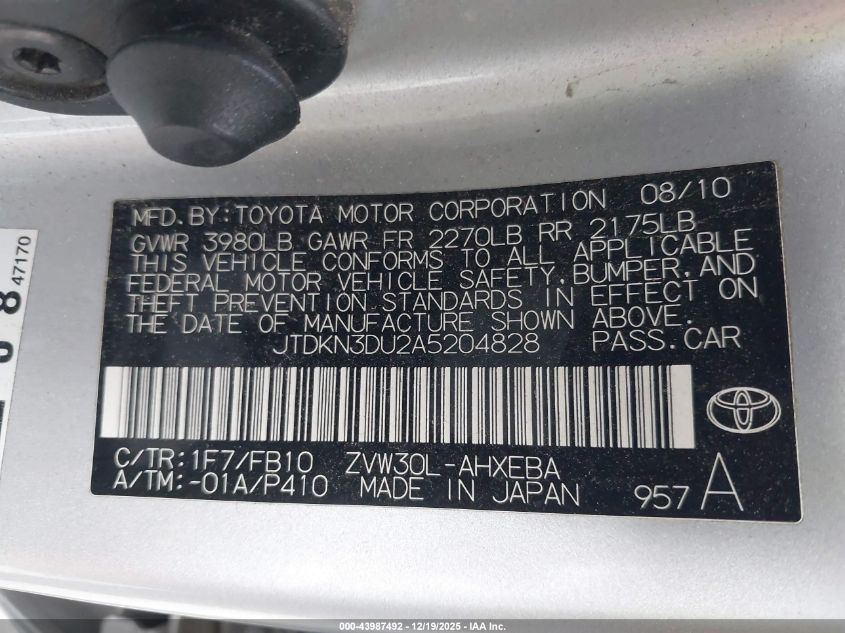 2010 Toyota Prius Ii VIN: JTDKN3DU2A5204828 Lot: 43987492