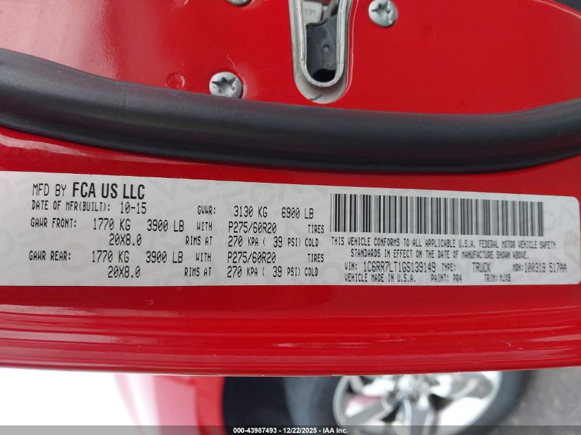 2016 Ram 1500 Lone Star VIN: 1C6RR7LT1GS139149 Lot: 43987493