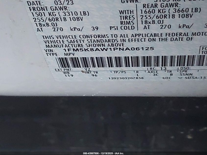 2023 Ford Police Interceptor Utility VIN: 1FM5K8AW1PNA06125 Lot: 43987506