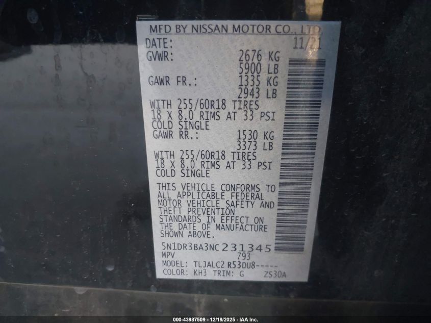 2022 Nissan Pathfinder Sv 2Wd VIN: 5N1DR3BA3NC231345 Lot: 43987509