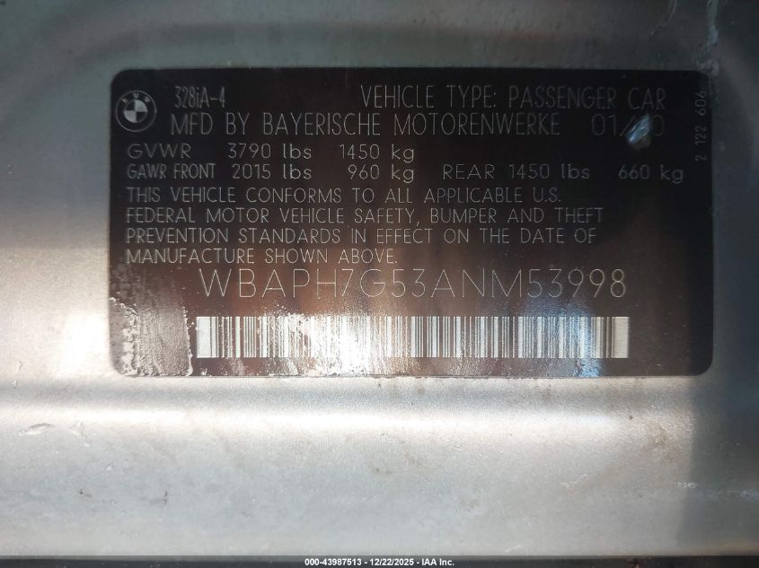 2010 BMW 328I VIN: WBAPH7G53ANM53998 Lot: 43987513