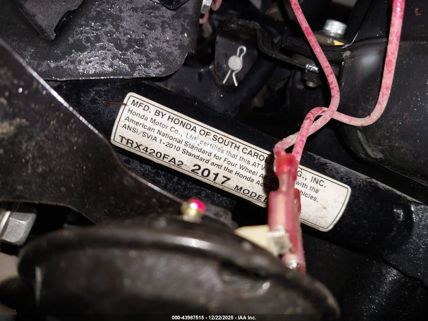 2017 Honda Trx420 Fa VIN: 1HFTE4142H4302794 Lot: 43987515