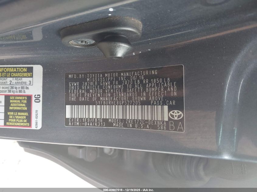 2016 Toyota Corolla Le VIN: 5YFBURHE8GP527205 Lot: 43987516