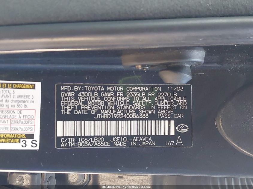 2004 Lexus Is 300 VIN: JTHBD192240086388 Lot: 43987518