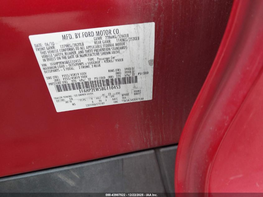 2011 Ford Taurus Sel VIN: 1FAHP2EW5BG110453 Lot: 43987522