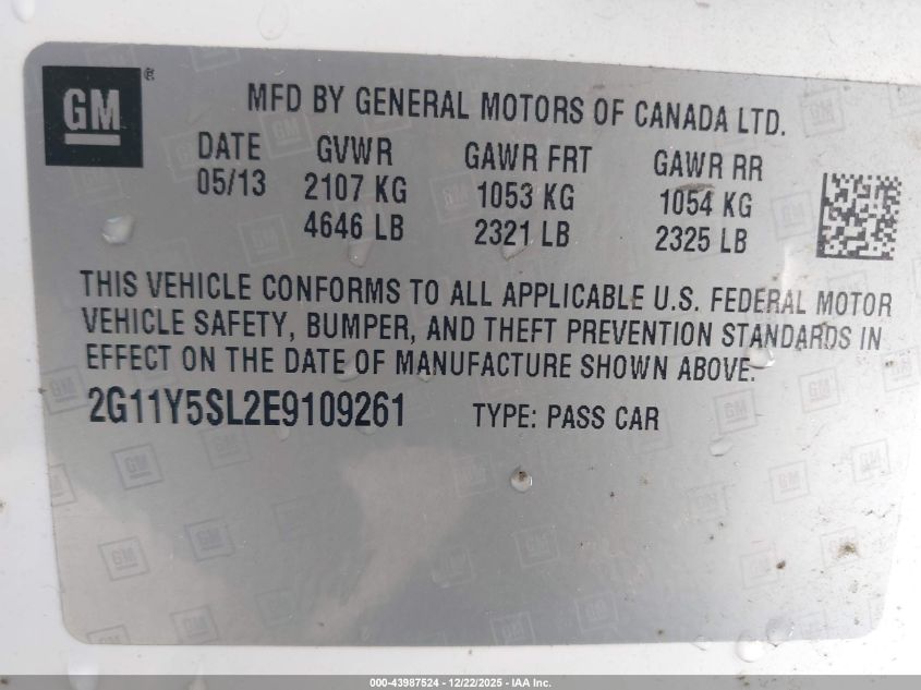 2014 Chevrolet Impala 1Ls VIN: 2G11Y5SL2E9109261 Lot: 43987524