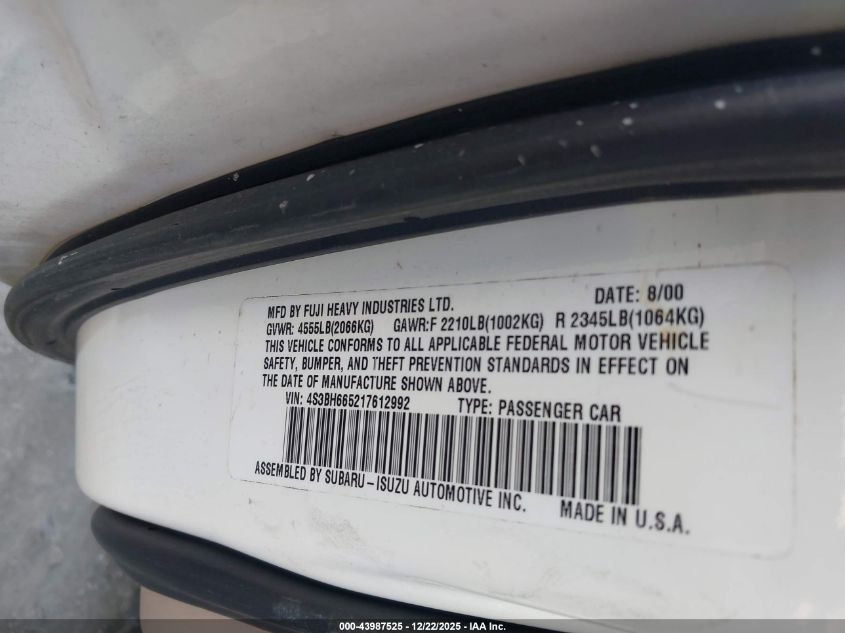 2001 Subaru Outback VIN: 4S3BH665217612992 Lot: 43987525