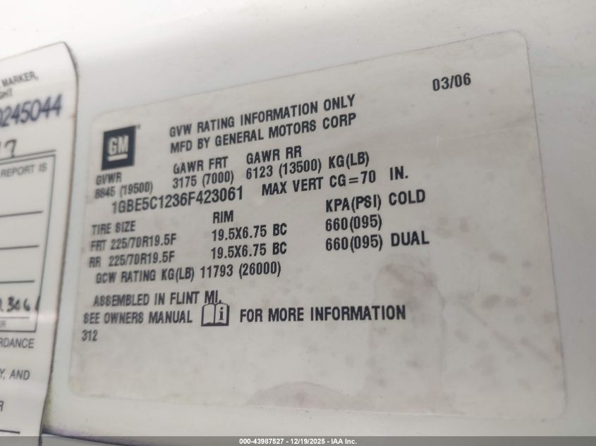 2006 Chevrolet Cc5500 VIN: 1GBE5C1236F423061 Lot: 43987527