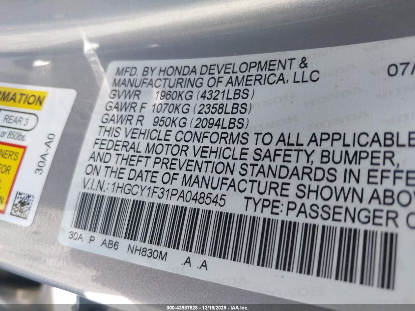 2023 Honda Accord Ex VIN: 1HGCY1F31PA048545 Lot: 43987528