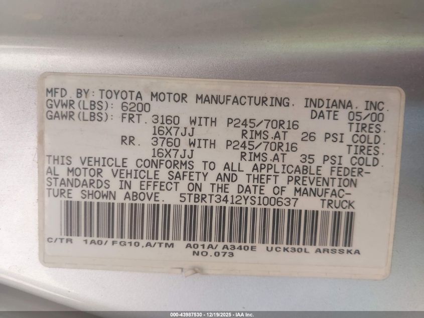 2000 Toyota Tundra Sr5 V8 VIN: 5TBRT3412YS100637 Lot: 43987530