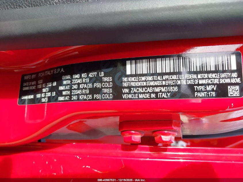 2021 Jeep Renegade Jeepster Fwd VIN: ZACNJCAB1MPM31836 Lot: 43987531