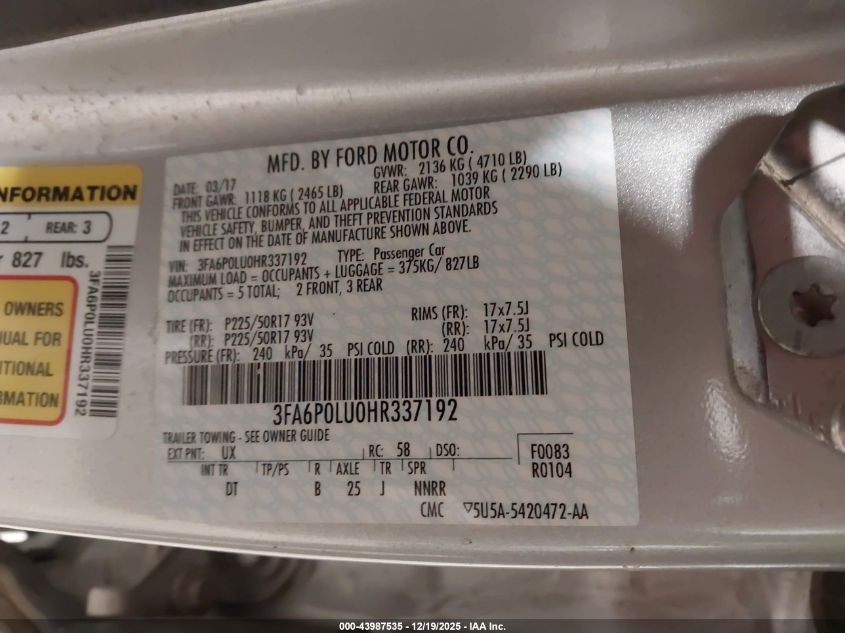 2017 Ford Fusion Hybrid Se VIN: 3FA6P0LU0HR337192 Lot: 43987535