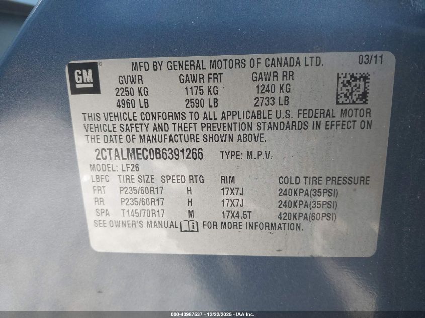 2011 GMC Terrain Sle-1 VIN: 2CTALMEC0B6391266 Lot: 43987537