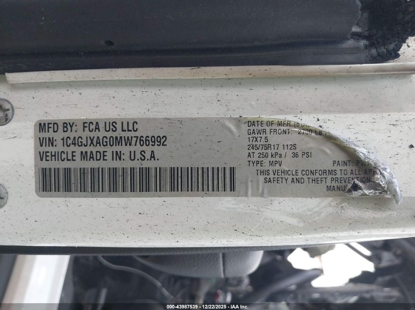 2021 Jeep Wrangler Freedom 4X4 VIN: 1C4GJXAG0MW766992 Lot: 43987539