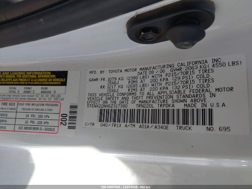 2006 Toyota Tacoma VIN: 5TENX22NX6Z317380 Lot: 43987540
