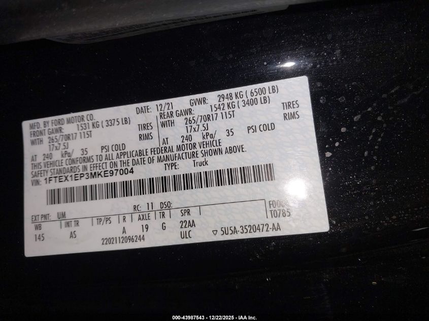 2021 Ford F-150 Xl VIN: 1FTEX1EP3MKE97004 Lot: 43987543