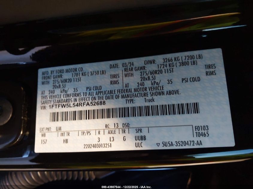 2024 Ford F-150 Lariat VIN: 1FTFW5L54RFA52688 Lot: 43987544