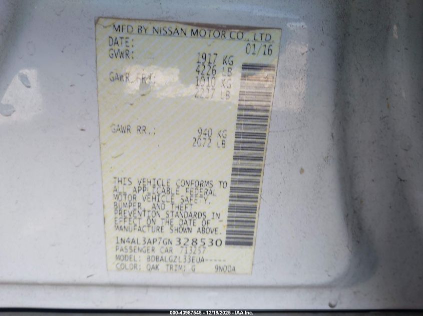 2016 Nissan Altima 2.5/2.5 S/2.5 Sl/2.5 Sr/2.5 Sv VIN: 1N4AL3AP7GN328530 Lot: 43987545