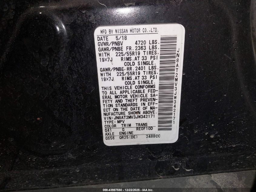 2018 Nissan Rogue Sl VIN: JN8AT2MV3JW342171 Lot: 43987550