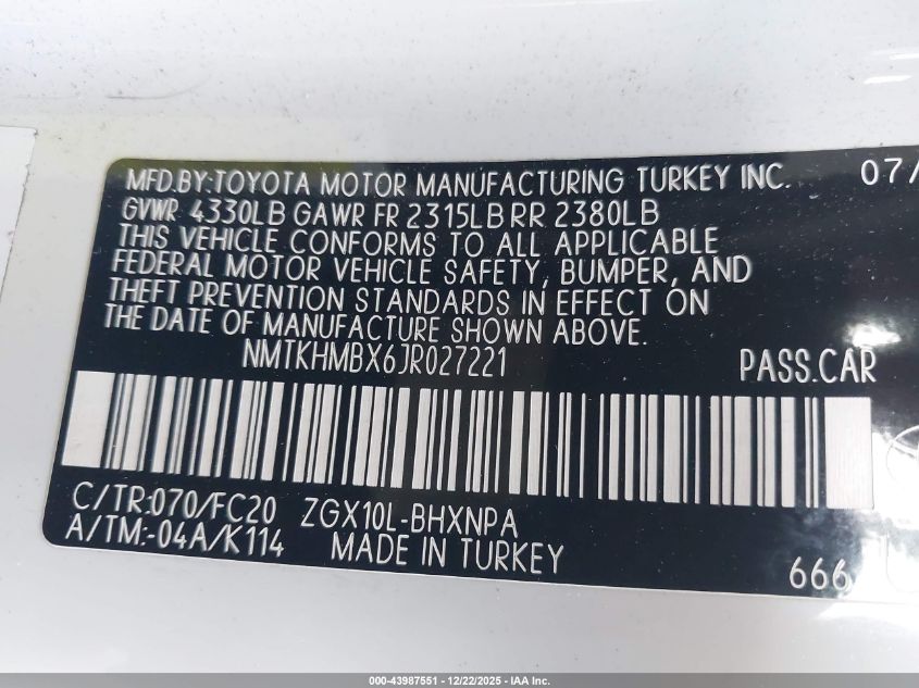 2018 Toyota C-Hr Xle VIN: NMTKHMBX6JR027221 Lot: 43987551