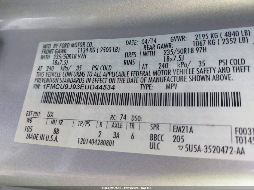 2014 Ford Escape Titanium VIN: 1FMCU9J93EUD44534 Lot: 43987552