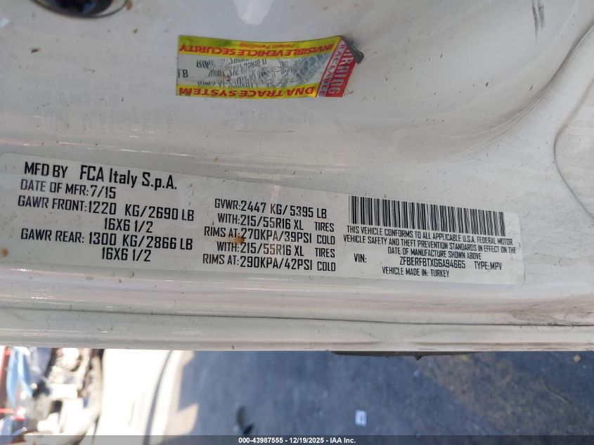 2016 Ram Promaster City Tradesman Slt VIN: ZFBERFBTXG6A94665 Lot: 43987555