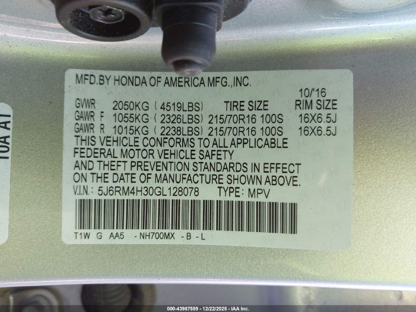 2016 Honda Cr-V Lx VIN: 5J6RM4H30GL128078 Lot: 43987559