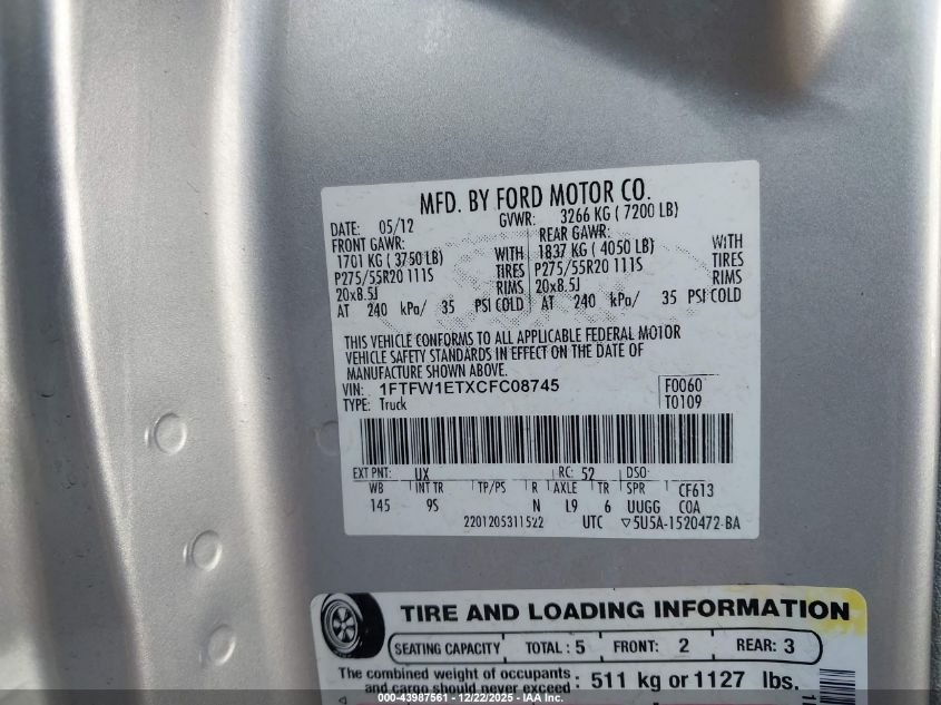 2012 Ford F-150 Platinum VIN: 1FTFW1ETXCFC08745 Lot: 43987561