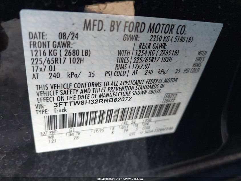 2024 Ford Maverick Xlt VIN: 3FTTW8H32RRB62072 Lot: 43987571