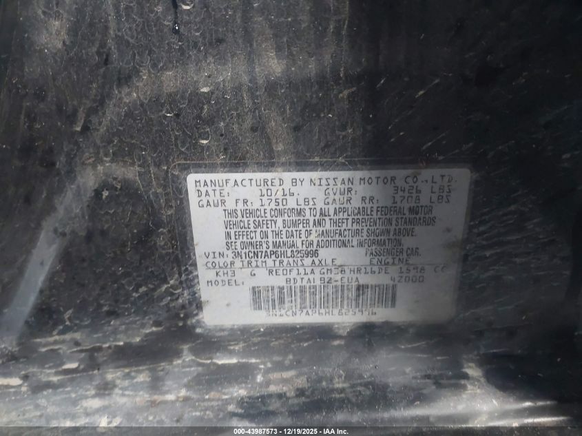 2017 Nissan Versa 1.6 Sv VIN: 3N1CN7AP6HL825996 Lot: 43987573