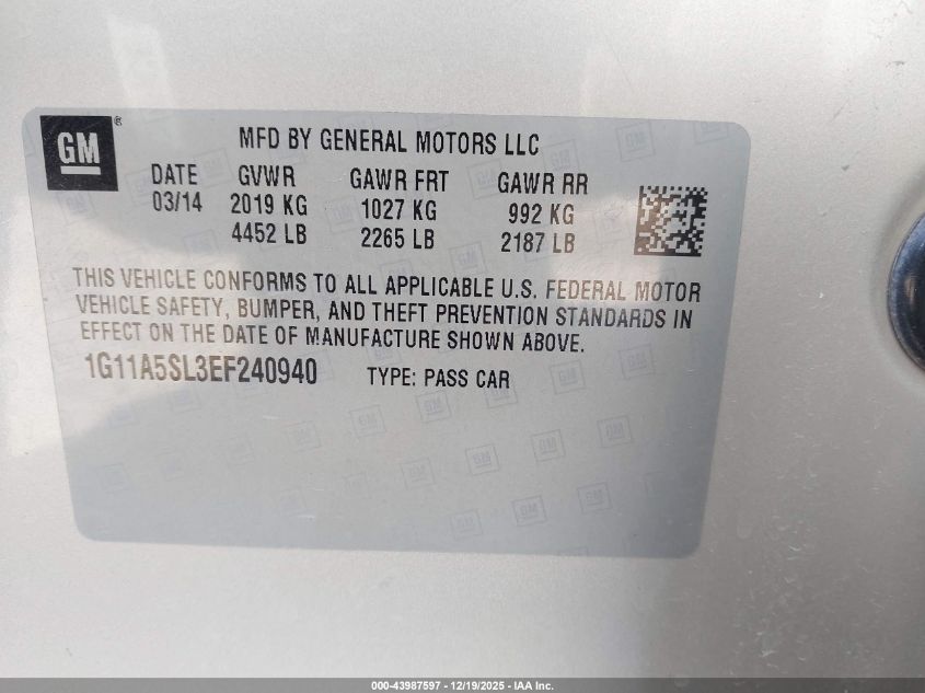 2014 Chevrolet Malibu 1Fl VIN: 1G11A5SL3EF240940 Lot: 43987597