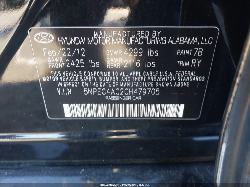 2012 Hyundai Sonata Limited VIN: 5NPEC4AC2CH479705 Lot: 43987598