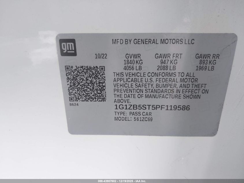 2023 Chevrolet Malibu Fwd Ls VIN: 1G1ZB5ST5PF119586 Lot: 43987602