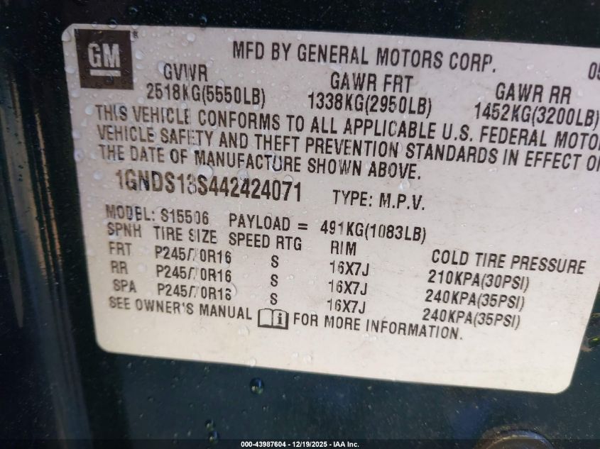 2004 Chevrolet Trailblazer Ls VIN: 1GNDS13S442424071 Lot: 43987604