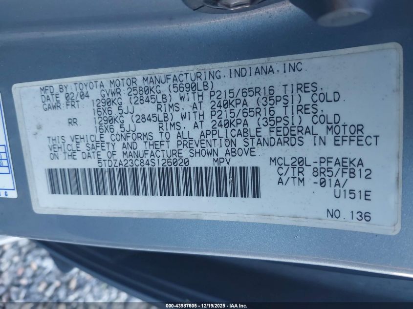 2004 Toyota Sienna Le VIN: 5TDZA23C84S126020 Lot: 43987605