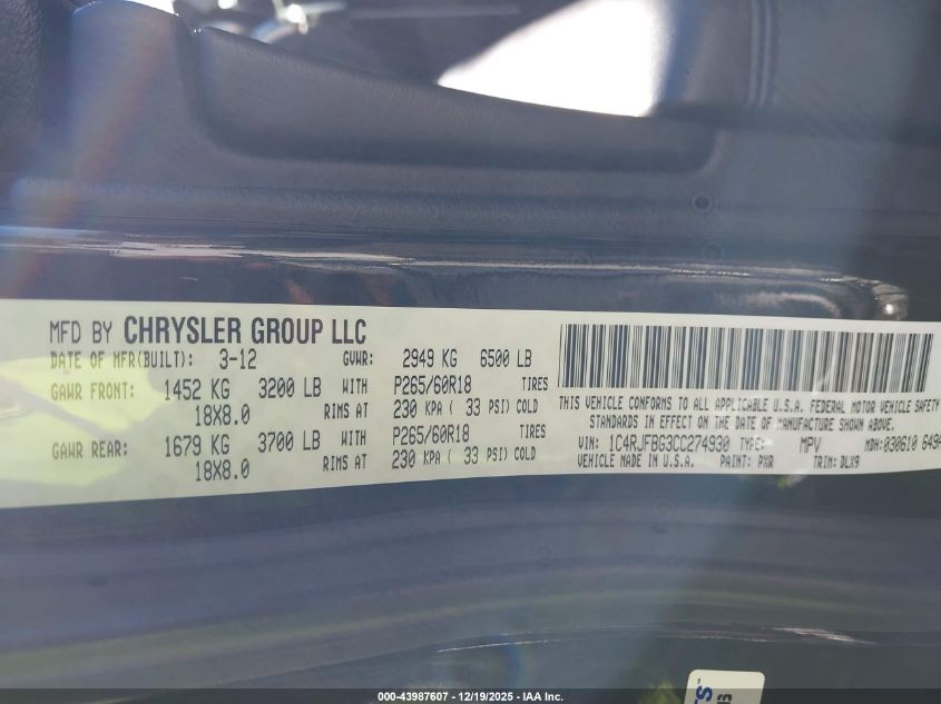 2012 Jeep Grand Cherokee Limited VIN: 1C4RJFBG3CC274930 Lot: 43987607