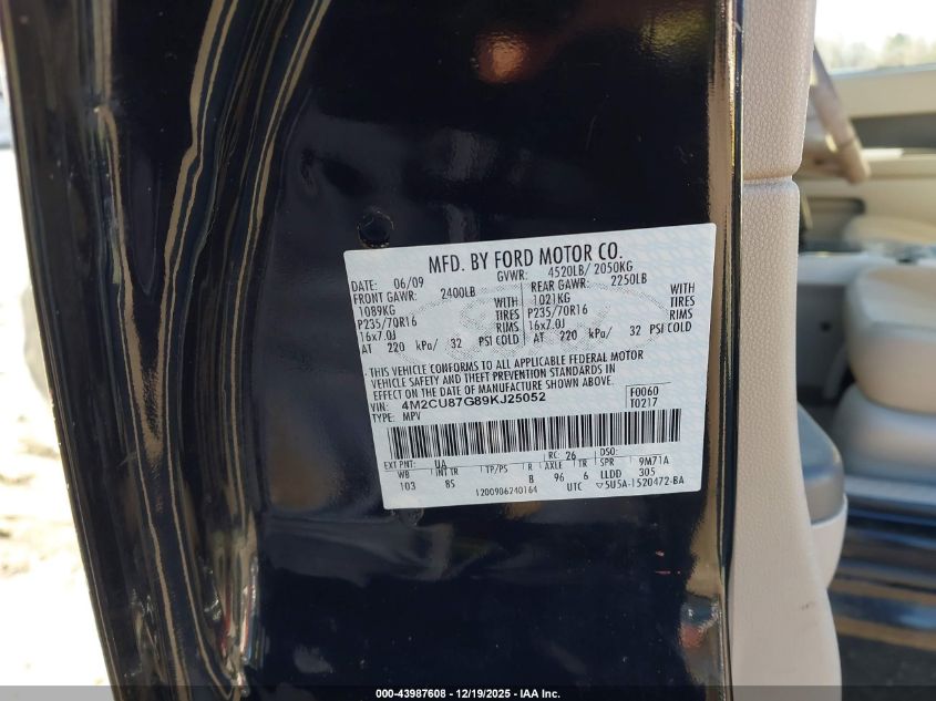 2009 Mercury Mariner Premier V6 VIN: 4M2CU87G89KJ25052 Lot: 43987608