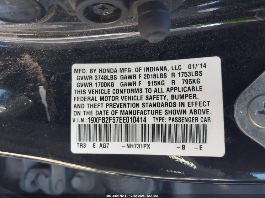 2014 Honda Civic Lx VIN: 19XFB2F57EE010414 Lot: 43987614