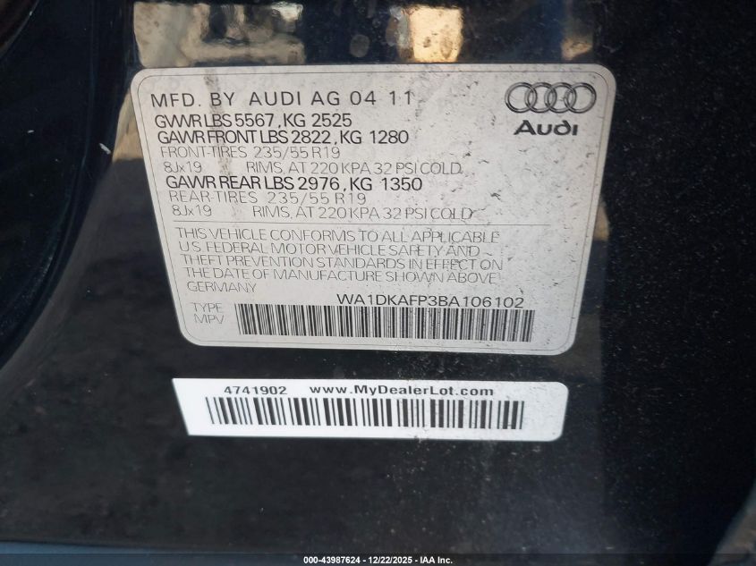 2011 Audi Q5 3.2 Premium Plus VIN: WA1DKAFP3BA106102 Lot: 43987624