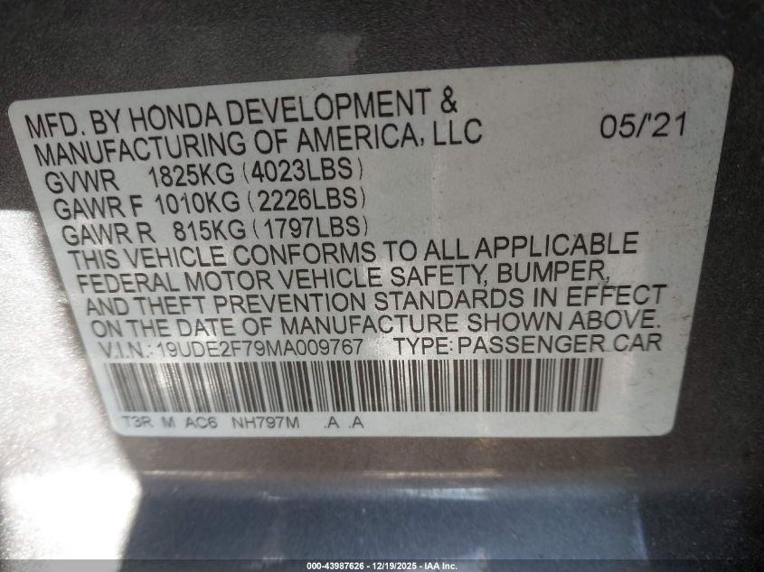 2021 Acura Ilx Premium Package/Technology Package VIN: 19UDE2F79MA009767 Lot: 43987626