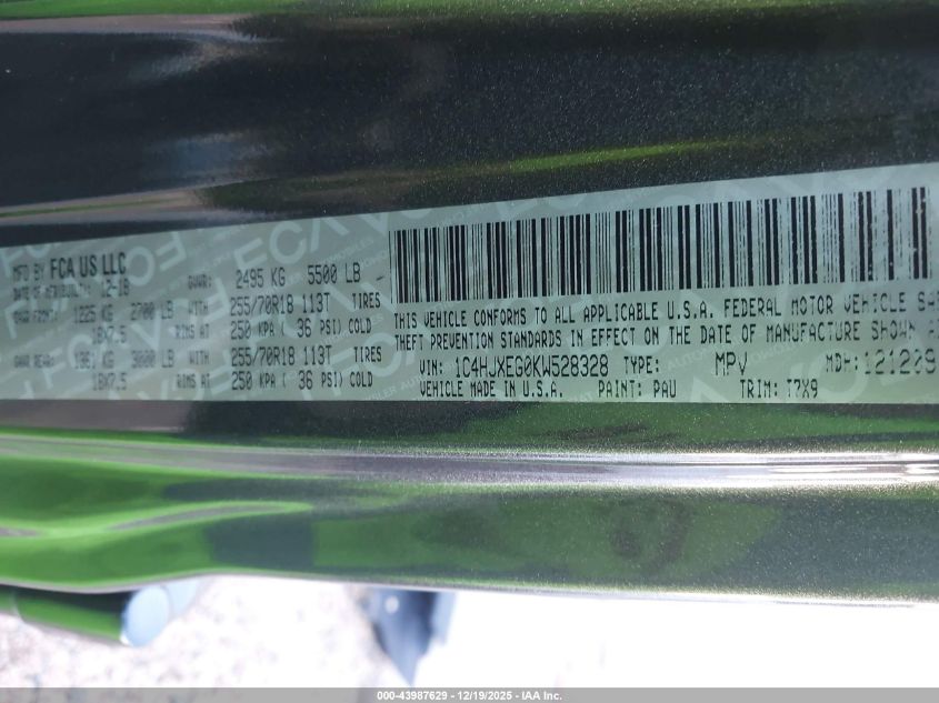 2019 Jeep Wrangler Unlimited Sahara 4X4 VIN: 1C4HJXEG0KW528328 Lot: 43987629