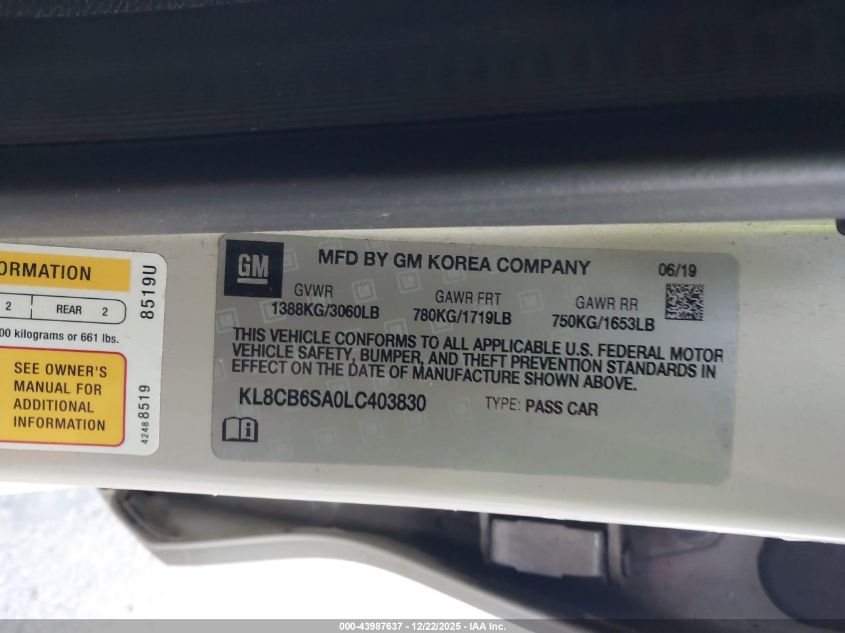 2020 Chevrolet Spark Fwd Ls Automatic VIN: KL8CB6SA0LC403830 Lot: 43987637