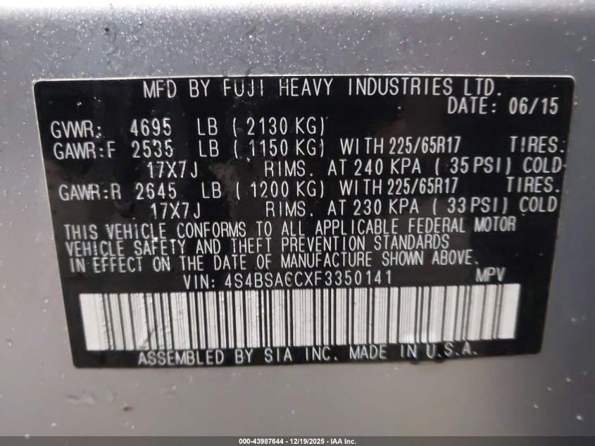 2015 Subaru Outback 2.5I Premium VIN: 4S4BSACCXF3350141 Lot: 43987644