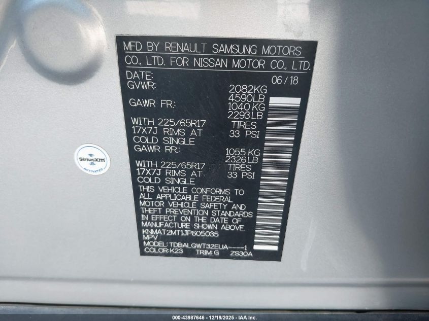2018 Nissan Rogue Sv VIN: KNMAT2MT1JP605035 Lot: 43987646
