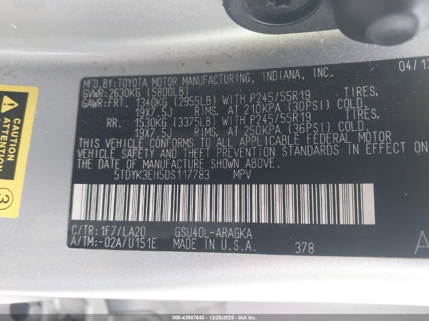 2013 Toyota Highlander Limited V6 VIN: 5TDYK3EH5DS117783 Lot: 43987648