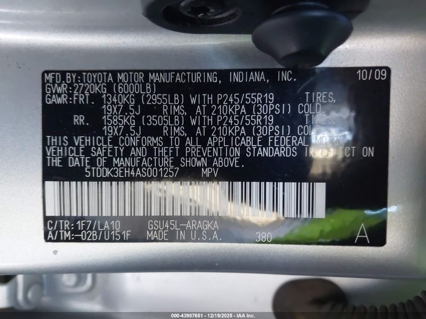 2010 Toyota Highlander Limited V6 VIN: 5TDDK3EH4AS001257 Lot: 43987651