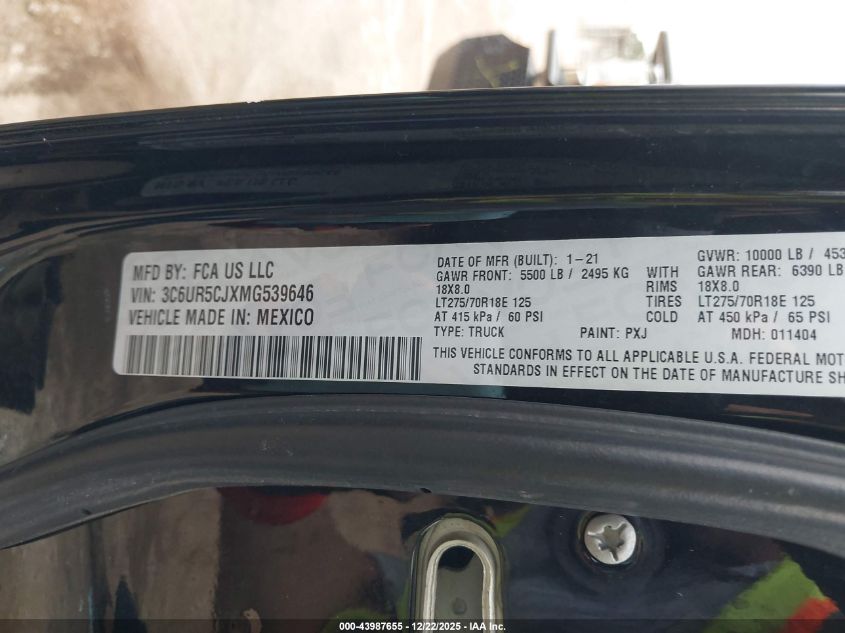 2021 Ram 2500 Tradesman 4X4 6'4 Box VIN: 3C6UR5CJXMG539646 Lot: 43987655
