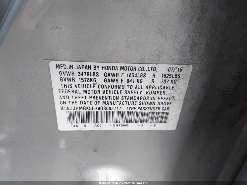 2016 Honda Fit Ex VIN: JHMGK5H79GS008747 Lot: 43987656